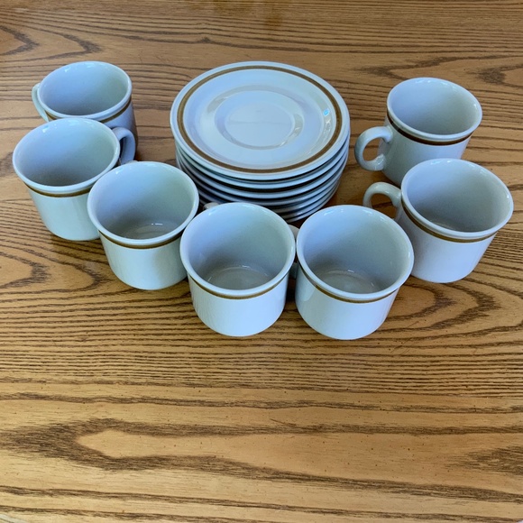 Stoneware Other - Vintage Set of 7 Stoneware Cups and Saucers Cream and Brown
